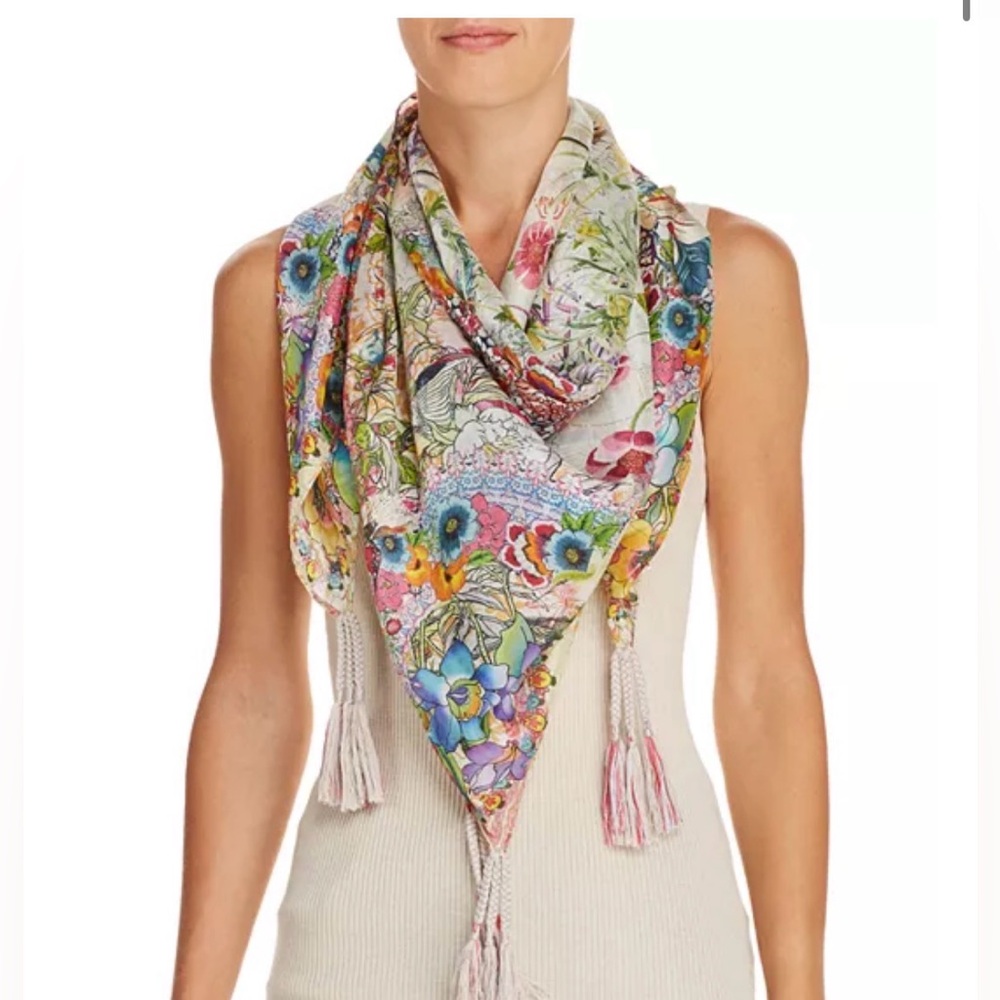 Johnny Was Floral Tassel Silk Scarf